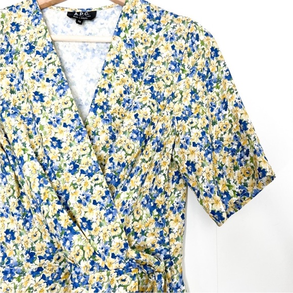 A.P.C. APC Mathilda Floral Midi Dress Dab Jaune Clair Blue Yellow Faux Wrap US 6 - Picture 9 of 16